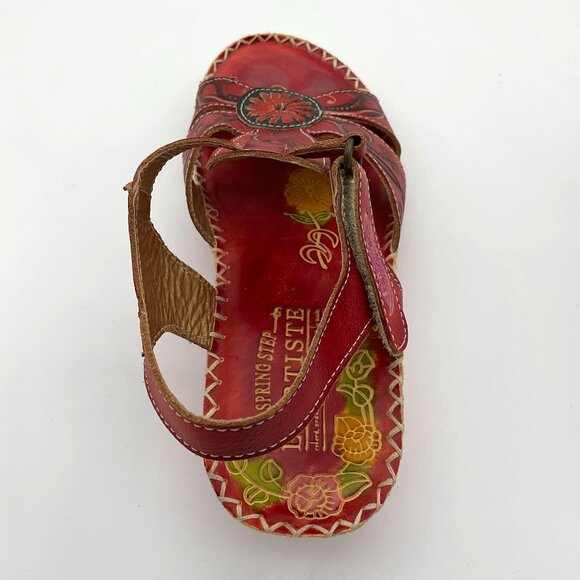 Spring Step L'ARTISTE Dinora Red Floral Wedge Stitched Imprinted Sandal  39/8.5 - Picture 7 of 11